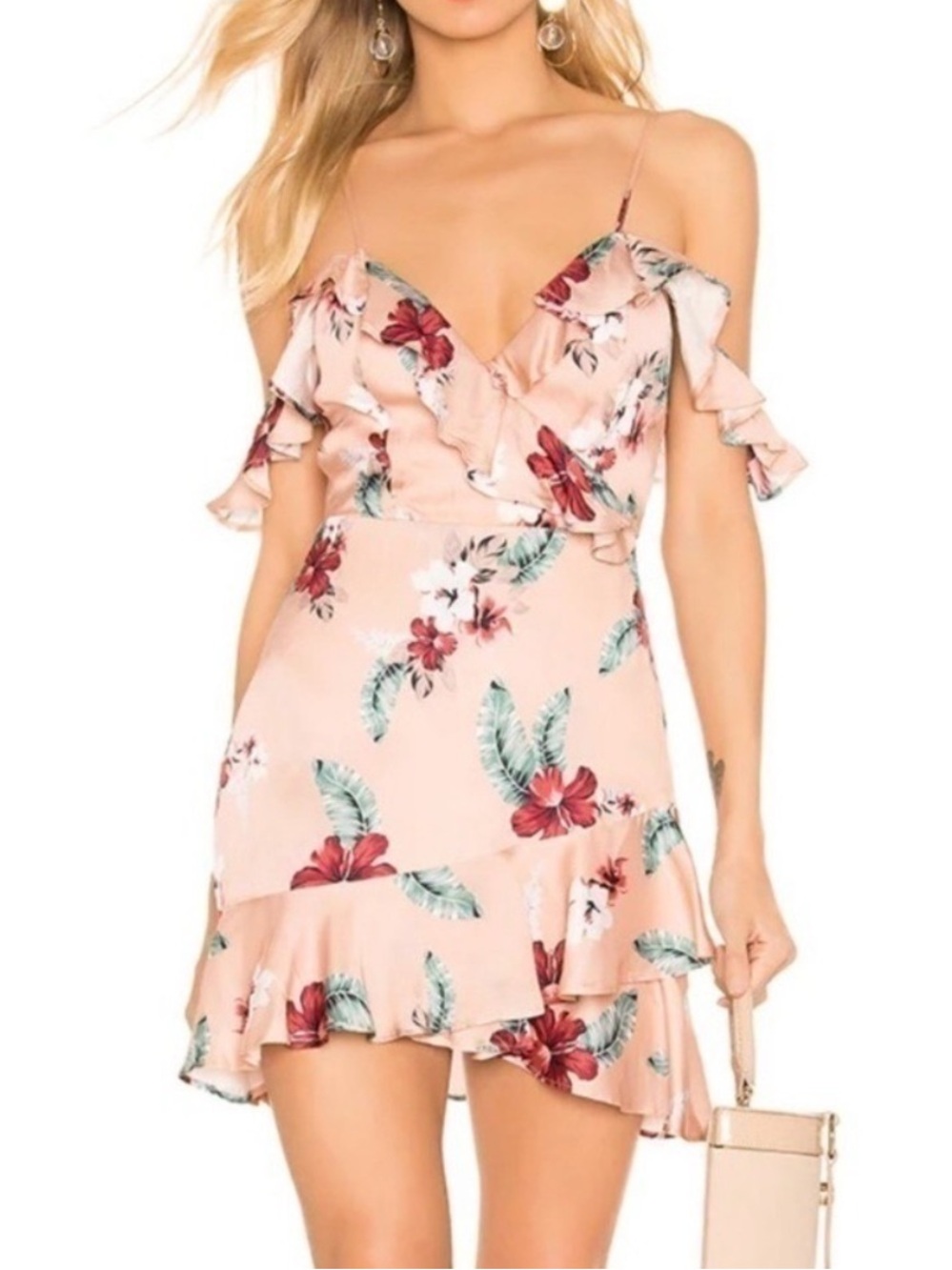 MAJORELLE Floral Ruffle Wrap Dress S